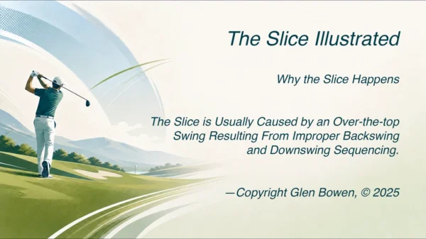 Golf swing illustration with scenic background.