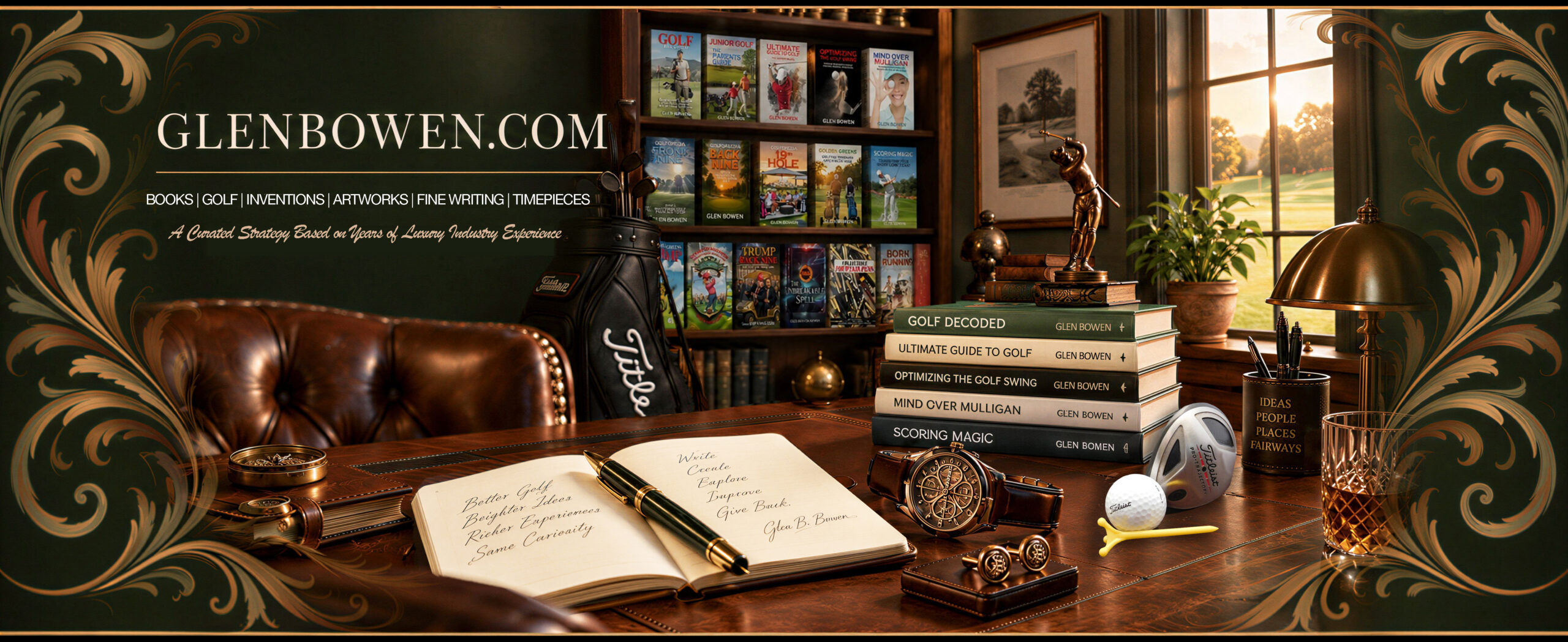 Elegant workspace with golf books and decor.