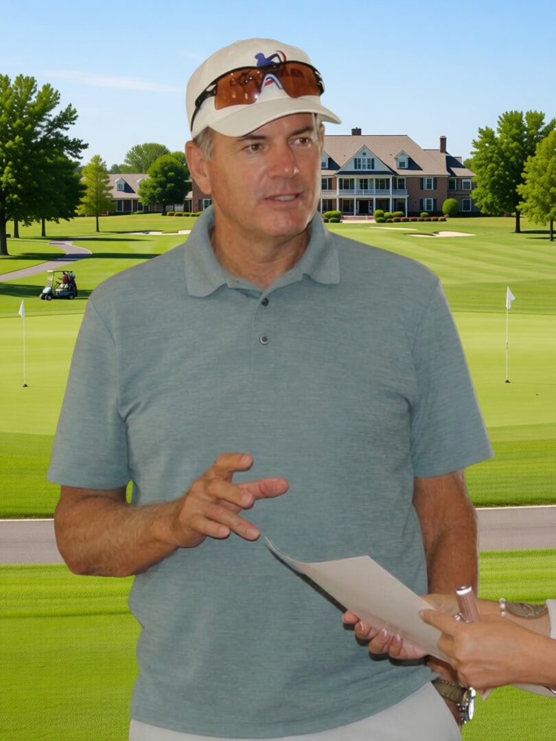 Man discussing golf tips on a course.